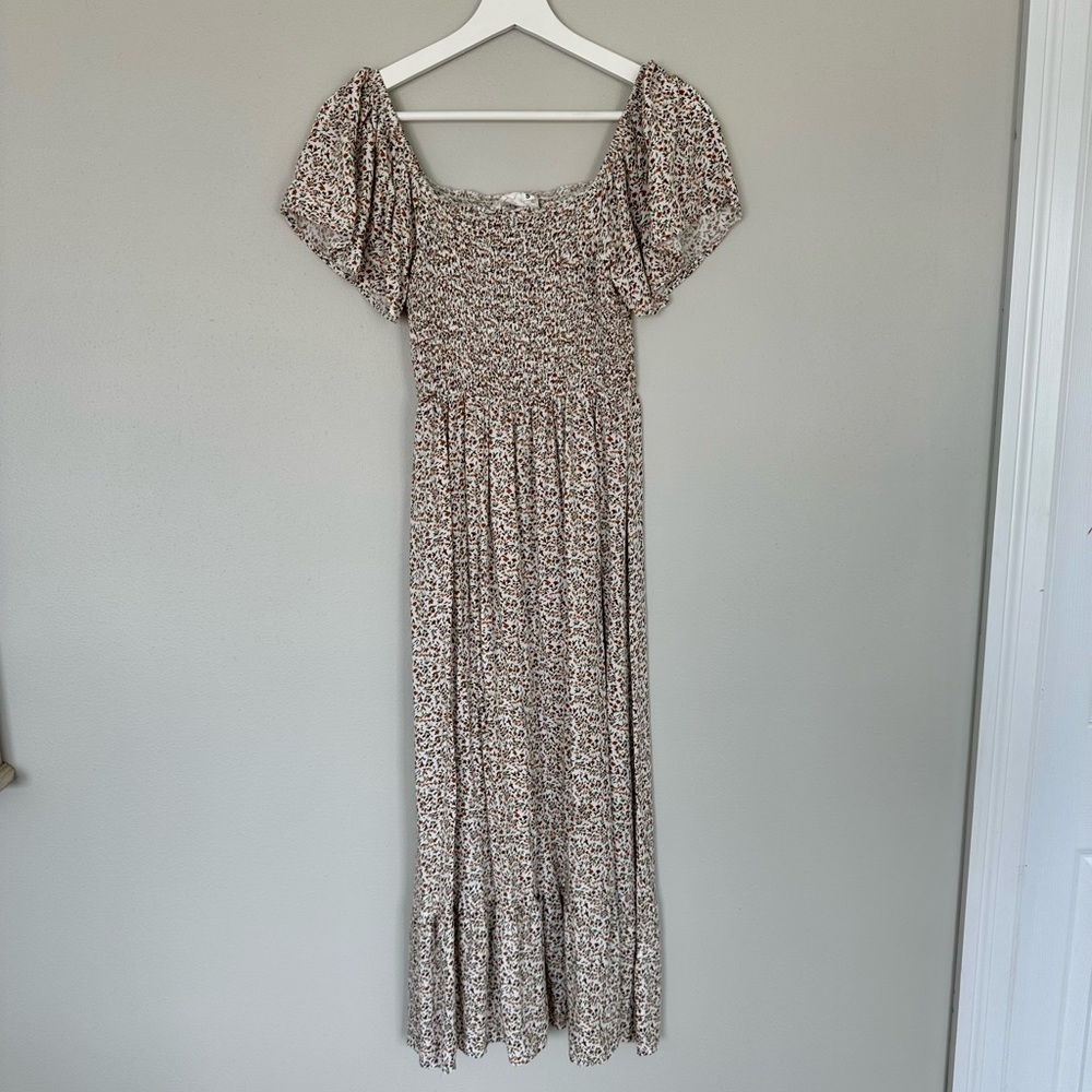 Pink blush maternity smocked floral dress